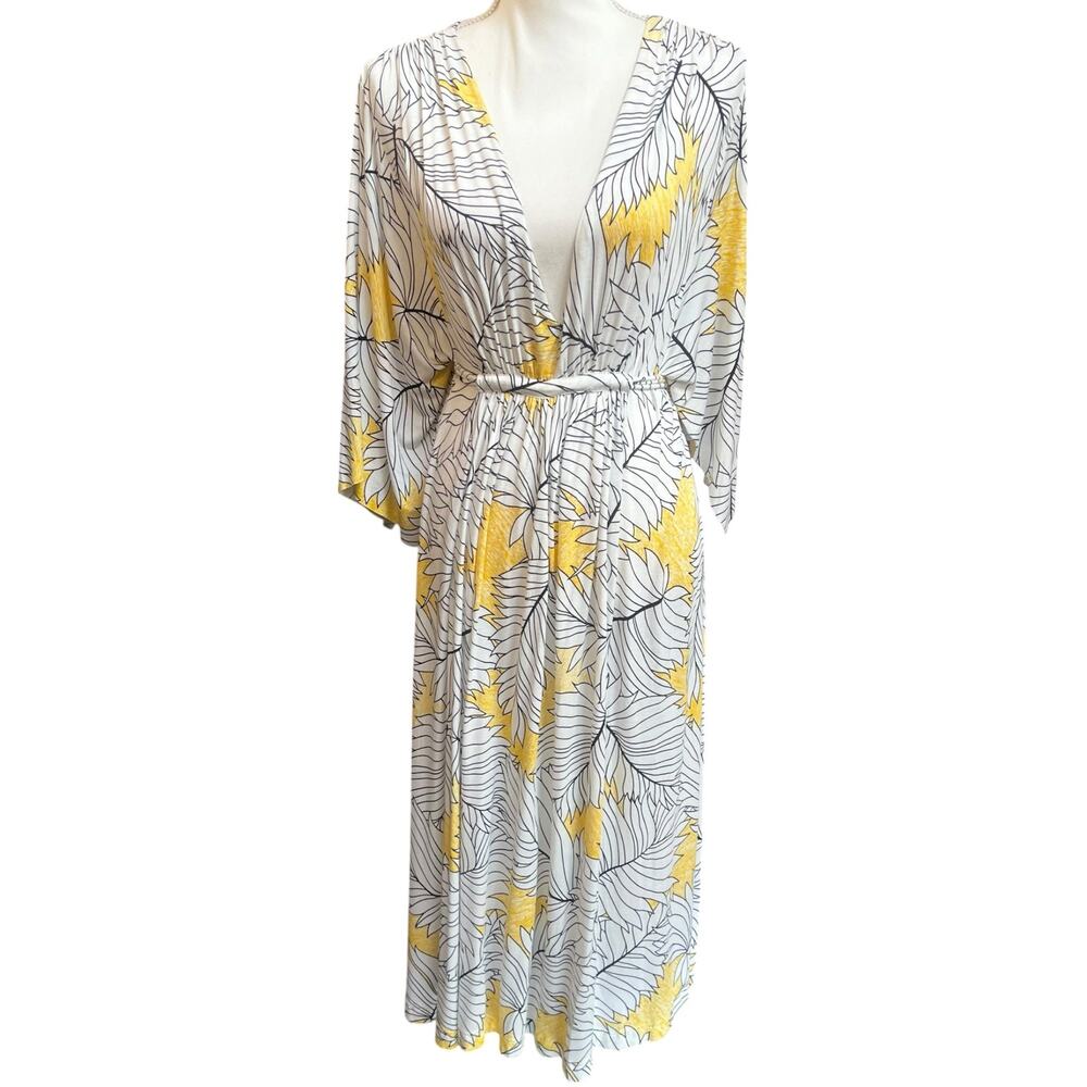 Rachel Pally White Yellow Leaf Print Wide Sleeve Maxi Dress